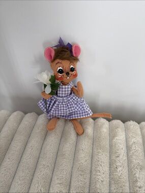 Annalee Mobilitee felt mouse figure in Purple Gingham Dress 6”